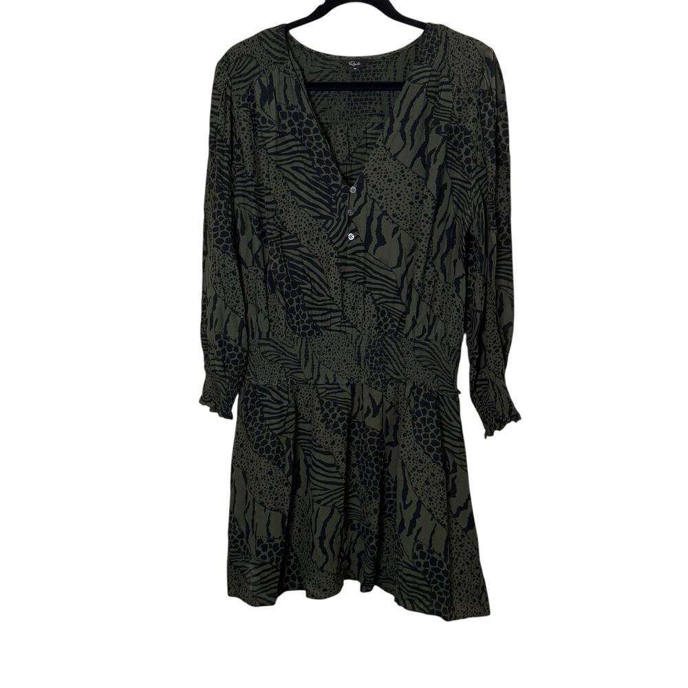 Rails Women’s Zana Olive and Black Animal Stripe Ruched Mini Dress Sz XL